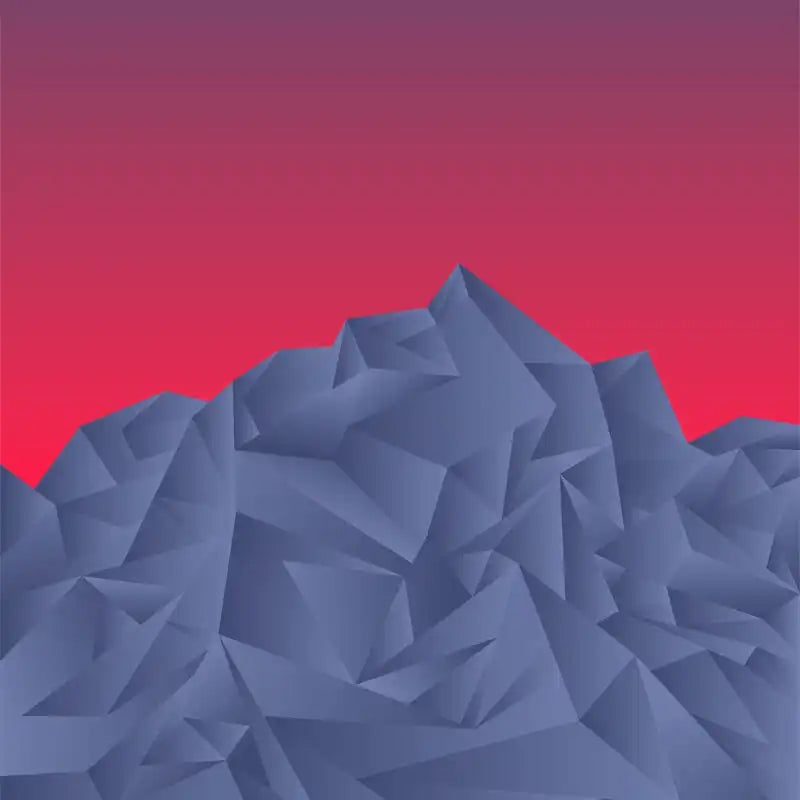 Angular, geometric mountain rendered in blue-gray polygons.