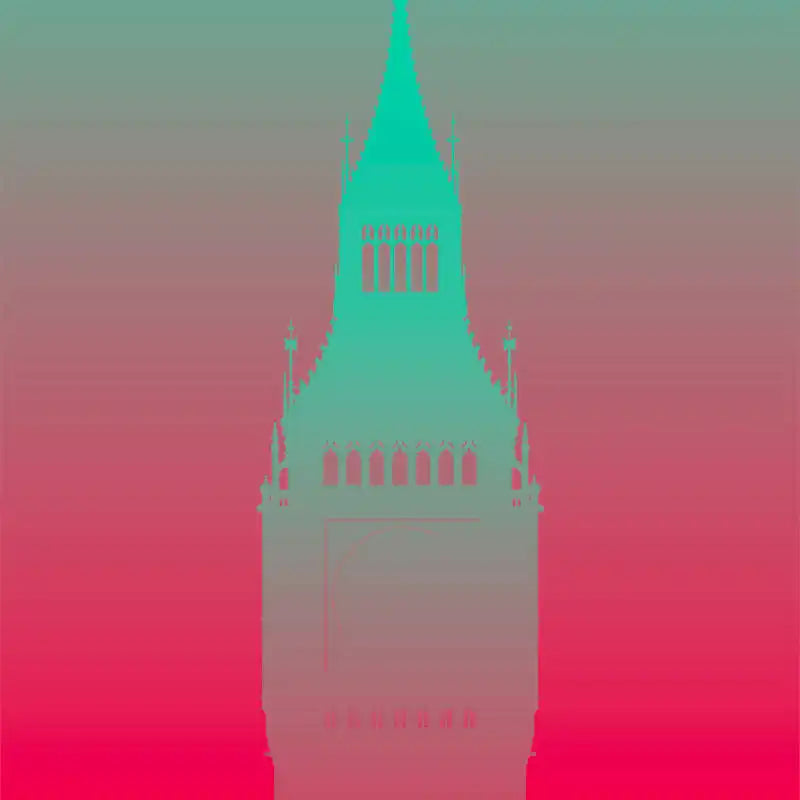 Clock tower spire glowing in turquoise against a pink gradient.