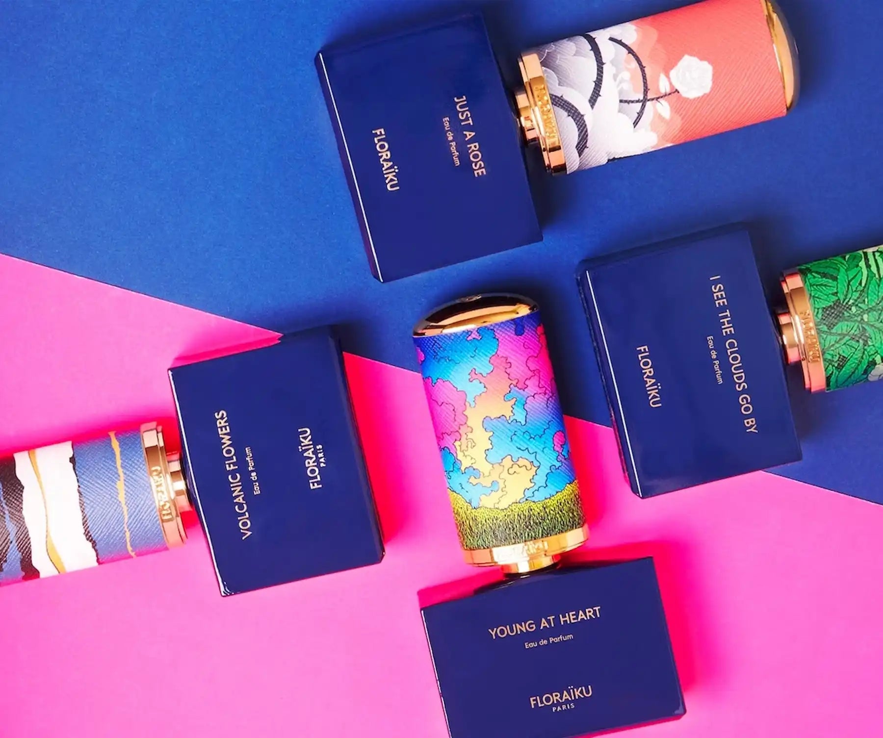 Collection of navy blue passport-style booklets and colorful beverage cans arranged on a surface.