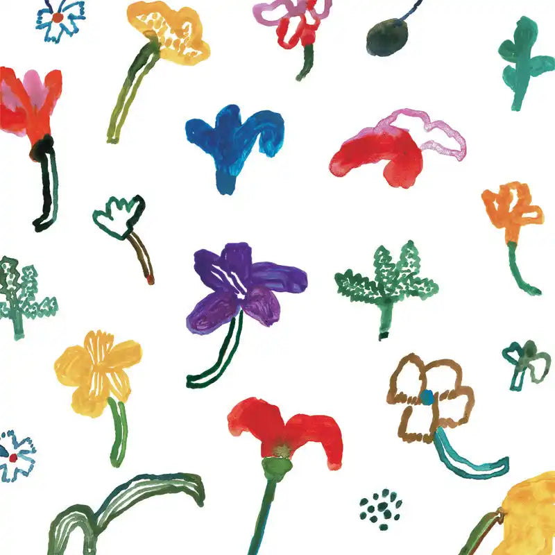 Colorful hand-drawn flowers scattered in a repeating pattern.