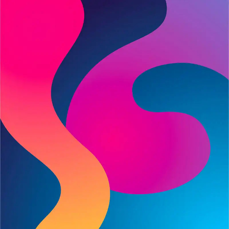 Colorful wavy abstract curves in pink, orange, and blue gradients.