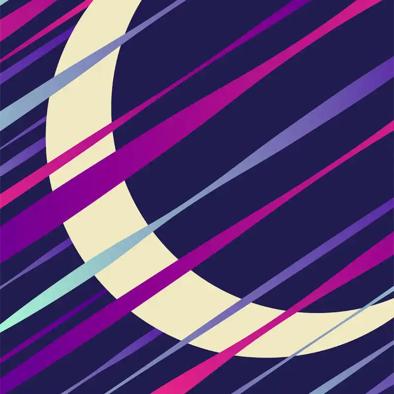 Crescent moon shape with diagonal stripes in purple, pink, and cream colors.