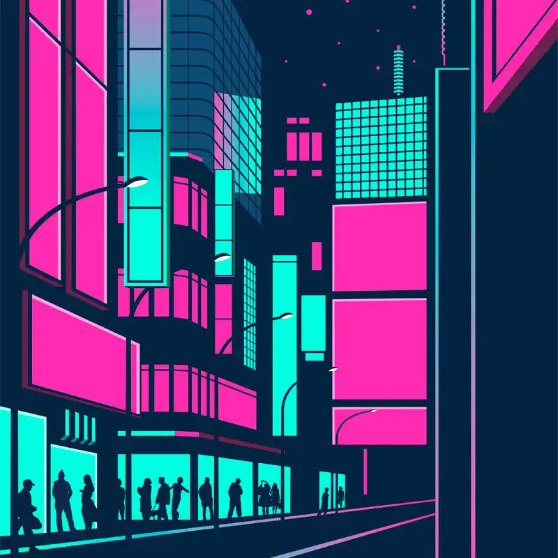 Neon-lit cityscape with silhouetted pedestrians walking beneath glowing buildings.