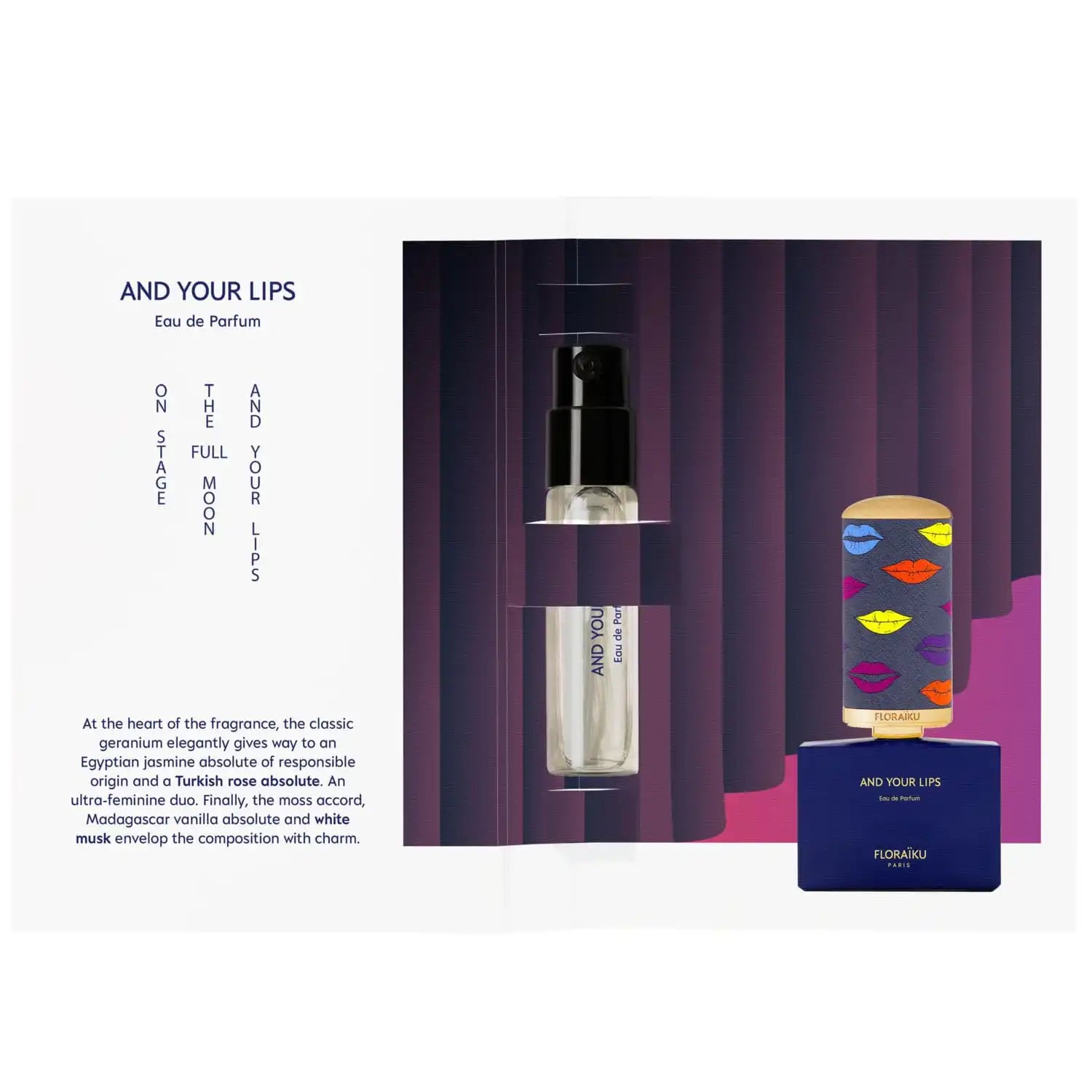 Perfume bottle with colorful lip designs on the packaging.