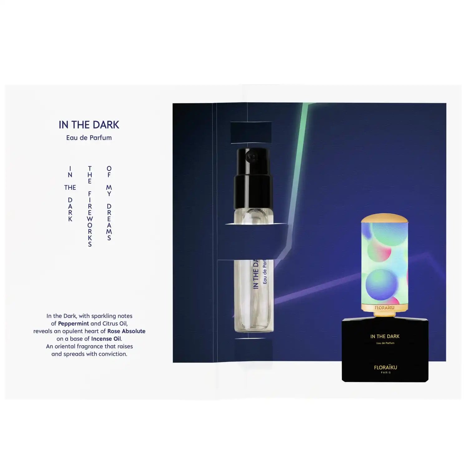 Perfume bottle with holographic packaging and accompanying product information.