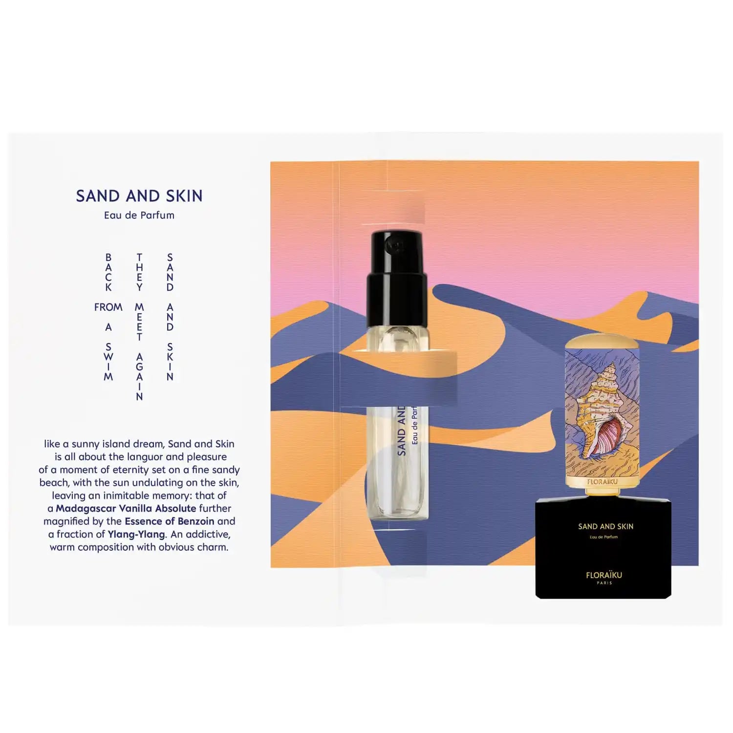 Perfume bottle with ’Sand and Skin’ branding against an artistic desert landscape illustration.