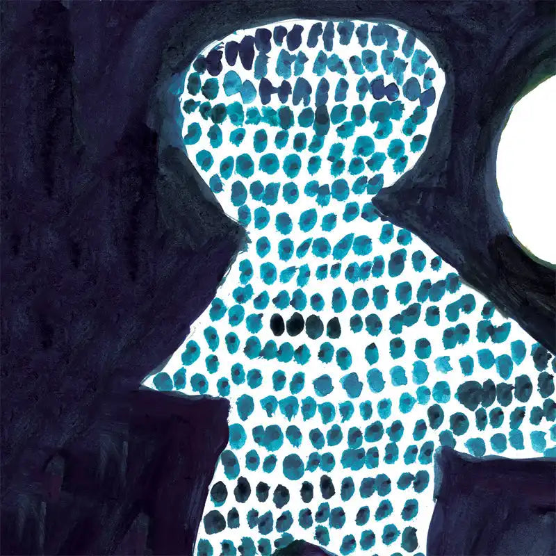 A silhouette figure filled with blue and black dots in a mosaic-like pattern.