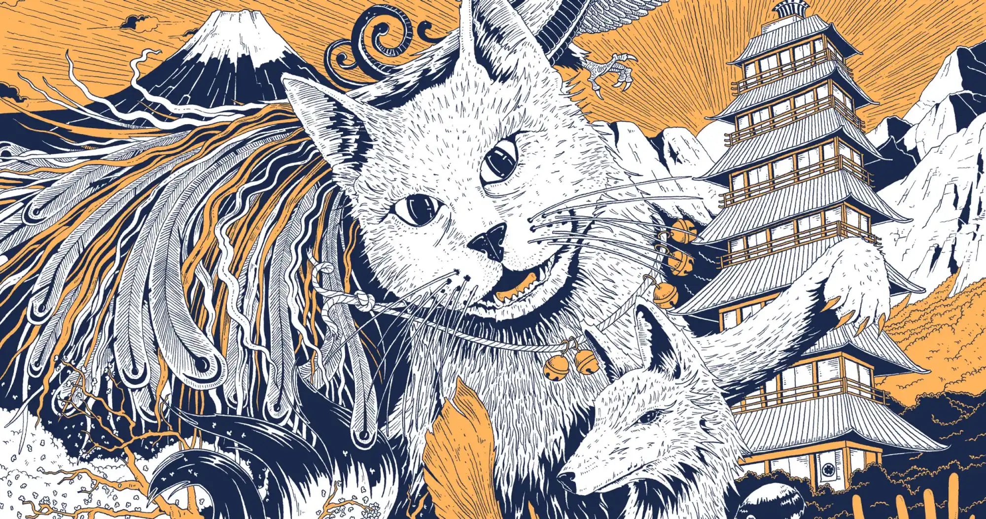 White cat with flowing, decorative whiskers and fur rendered in Japanese artistic style.